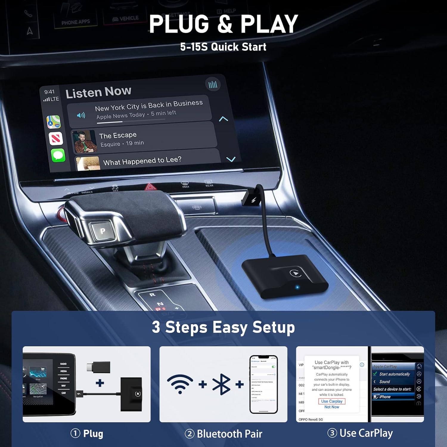 2024 Wireless CarPlay Adapter: Converts Wired to Wireless, Easy Plug & Play