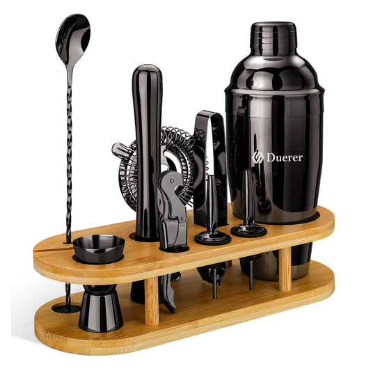 Premium Duerer 11-Piece Black Cocktail Bartender Kit with Bamboo Stand