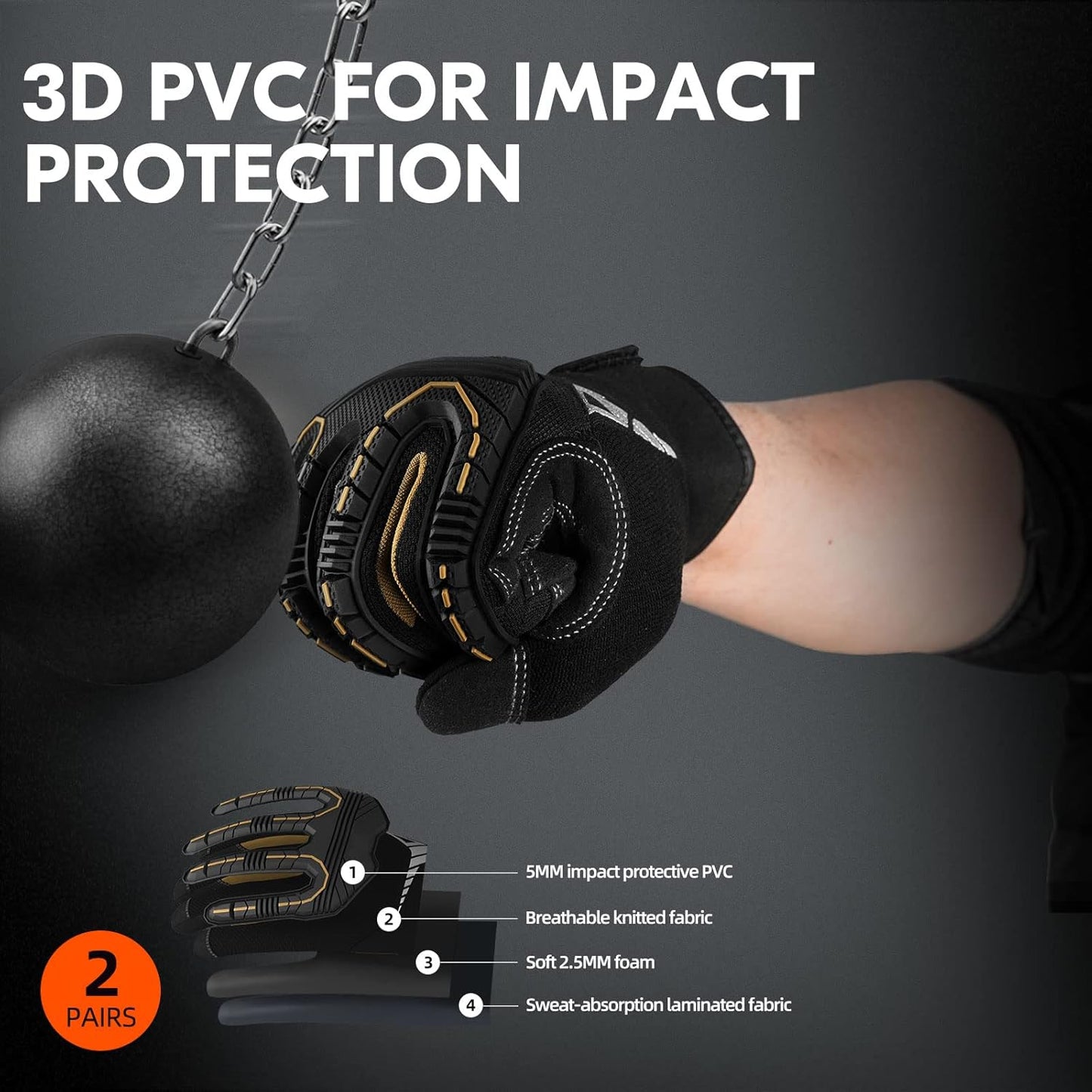 Vgo 2-Pairs Safety Work Gloves, Mechanics, Impact, Anti-Vibration, Black, Medium