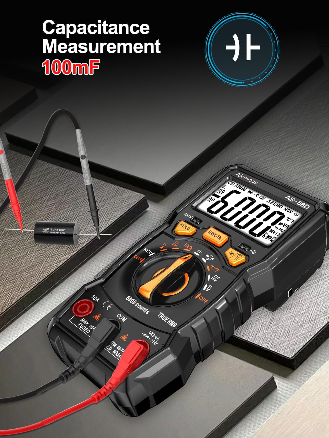 Aicevoos AS-58-1 6000 Counts Auto-Ranging Digital Multimeter Black