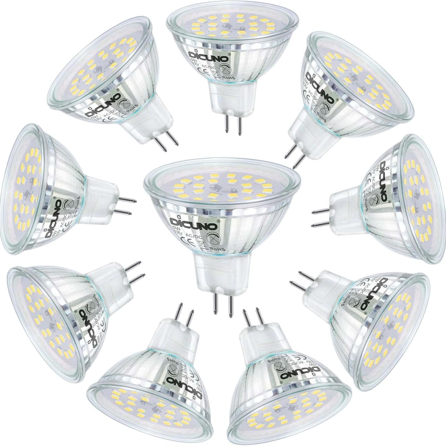 DiCUNO 5W MR16 LED Bulb 6000K Daylight White GU5.3 10-Pack