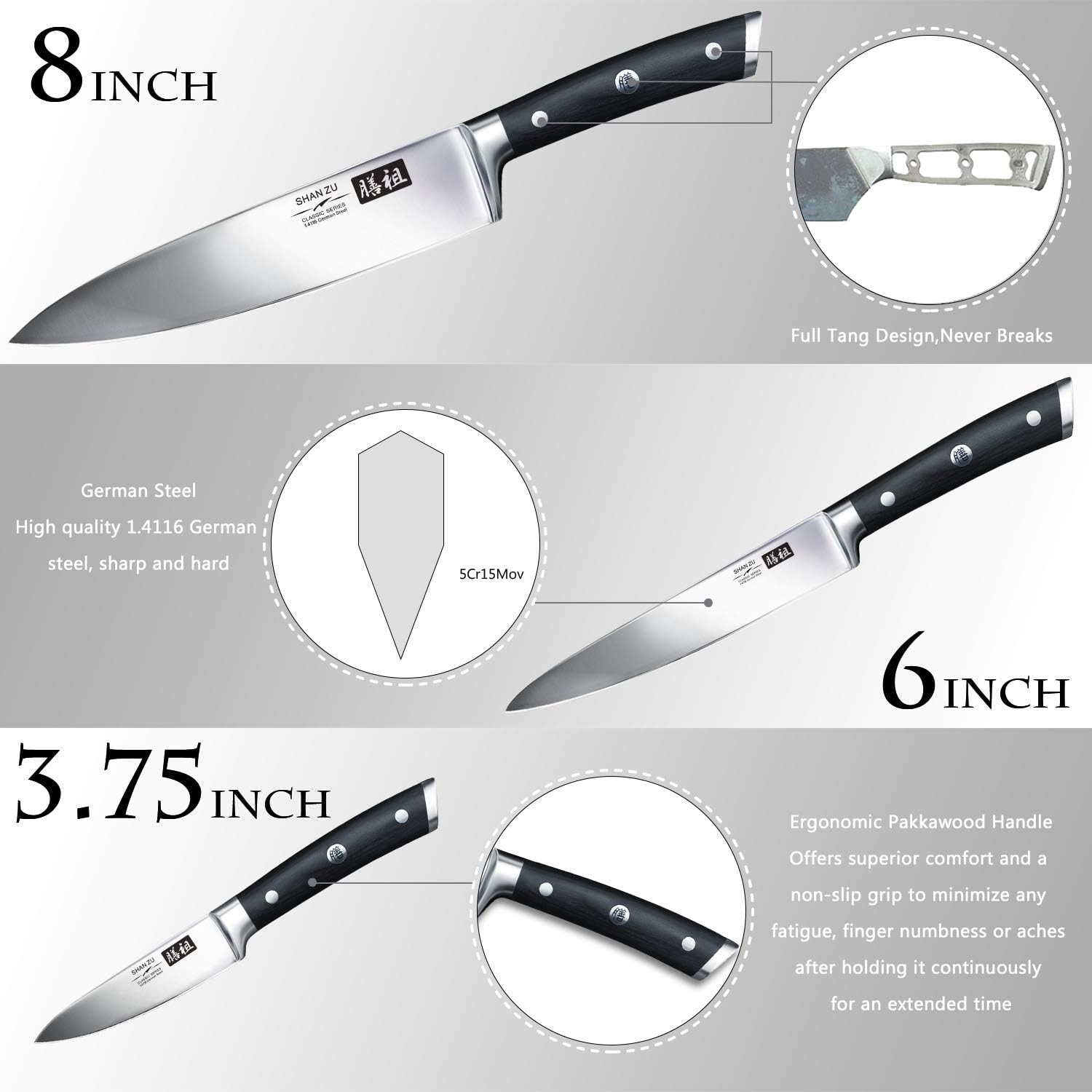 SHAN ZU Professional German Stainless Steel 3-Piece Chef, Utility, Paring Knife Set