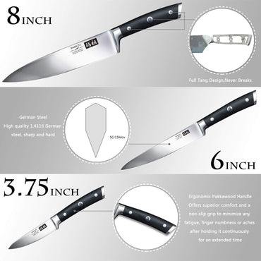 SHAN ZU Professional German Stainless Steel 3-Piece Chef, Utility, Paring Knife Set