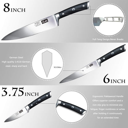 SHAN ZU Professional German Stainless Steel 3-Piece Chef, Utility, Paring Knife Set