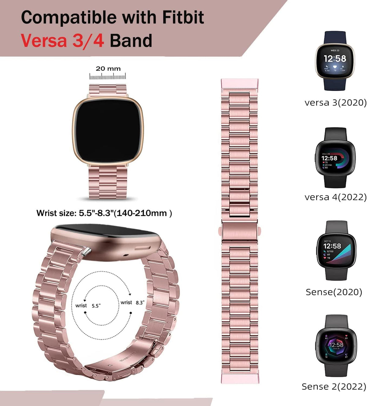 VELULYX Stainless Steel Watch Band for Fitbit Versa 3 4 Sense 2 Gold