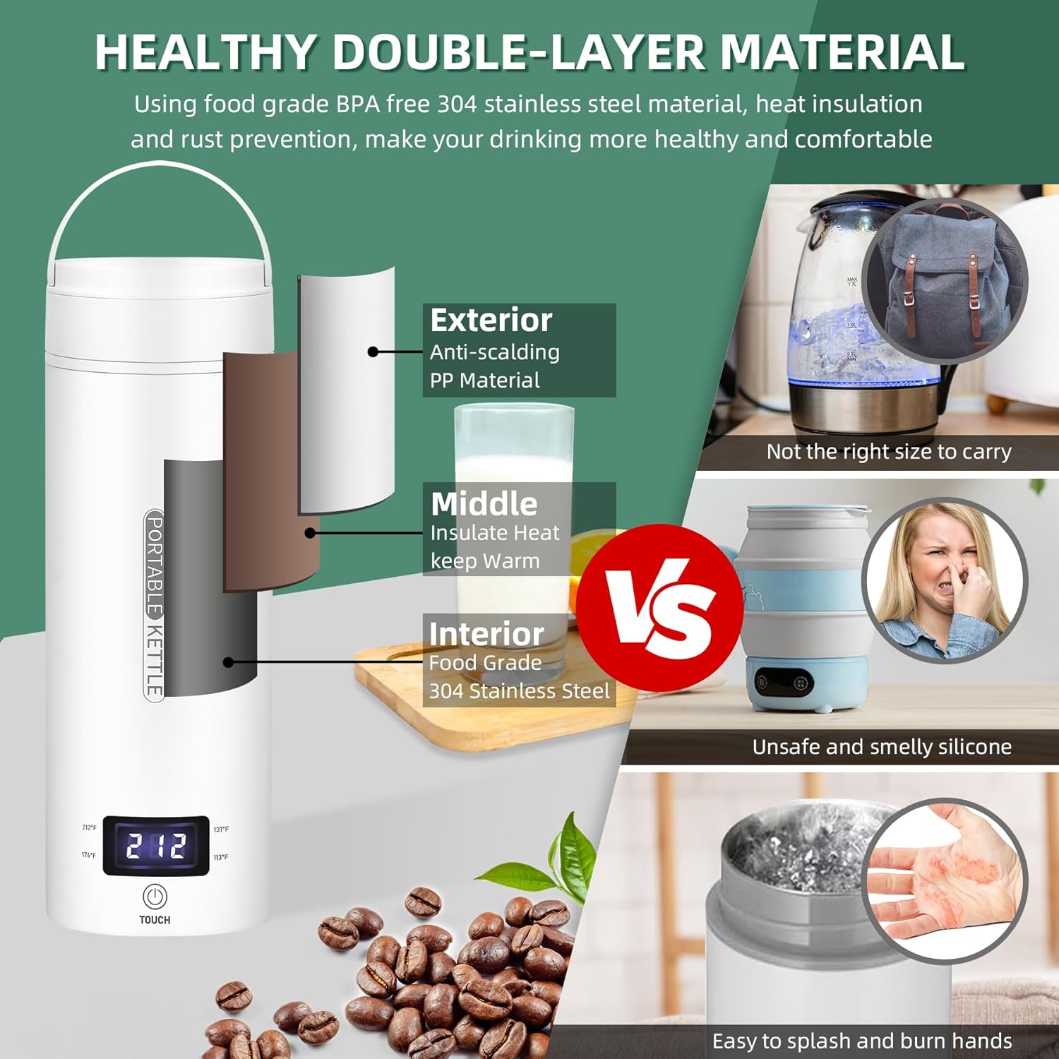 QRAGJBM Portable 450ml Travel Electric Kettle with 4 Temperature Settings