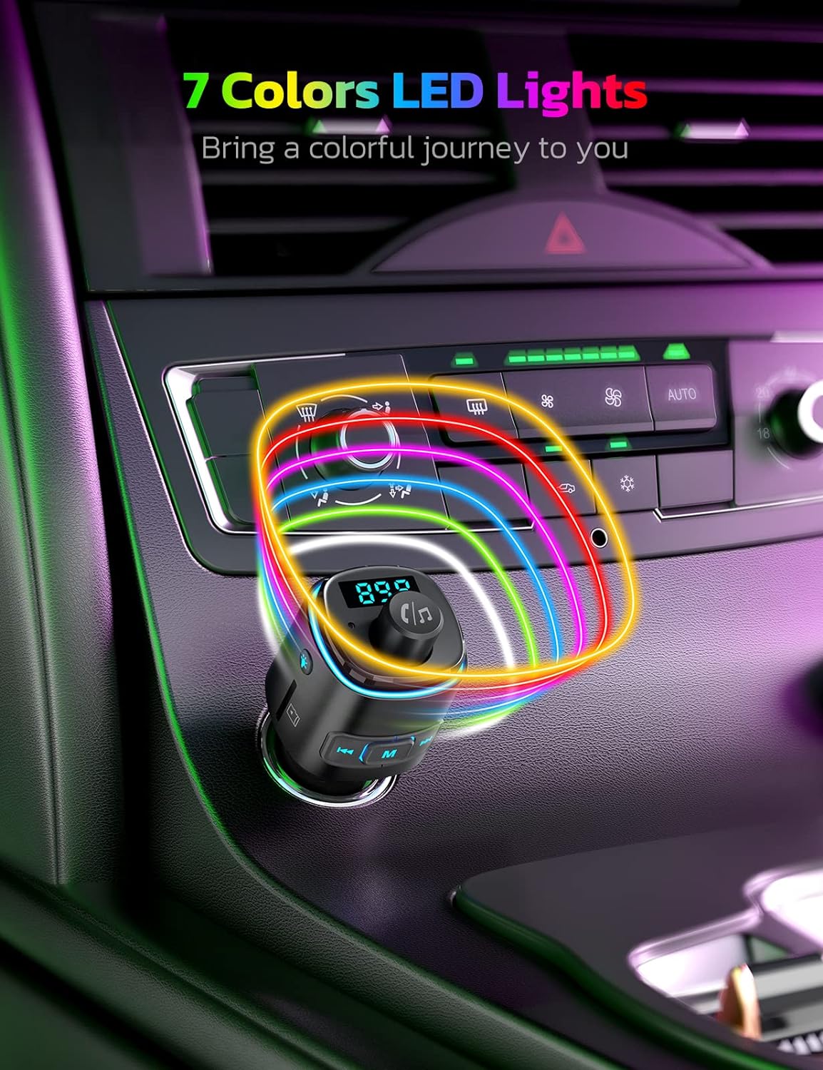 Nulaxy Bluetooth 5.0 FM Transmitter QC3.0 Car Charger Hands-Free Kit 7-Color LED Black