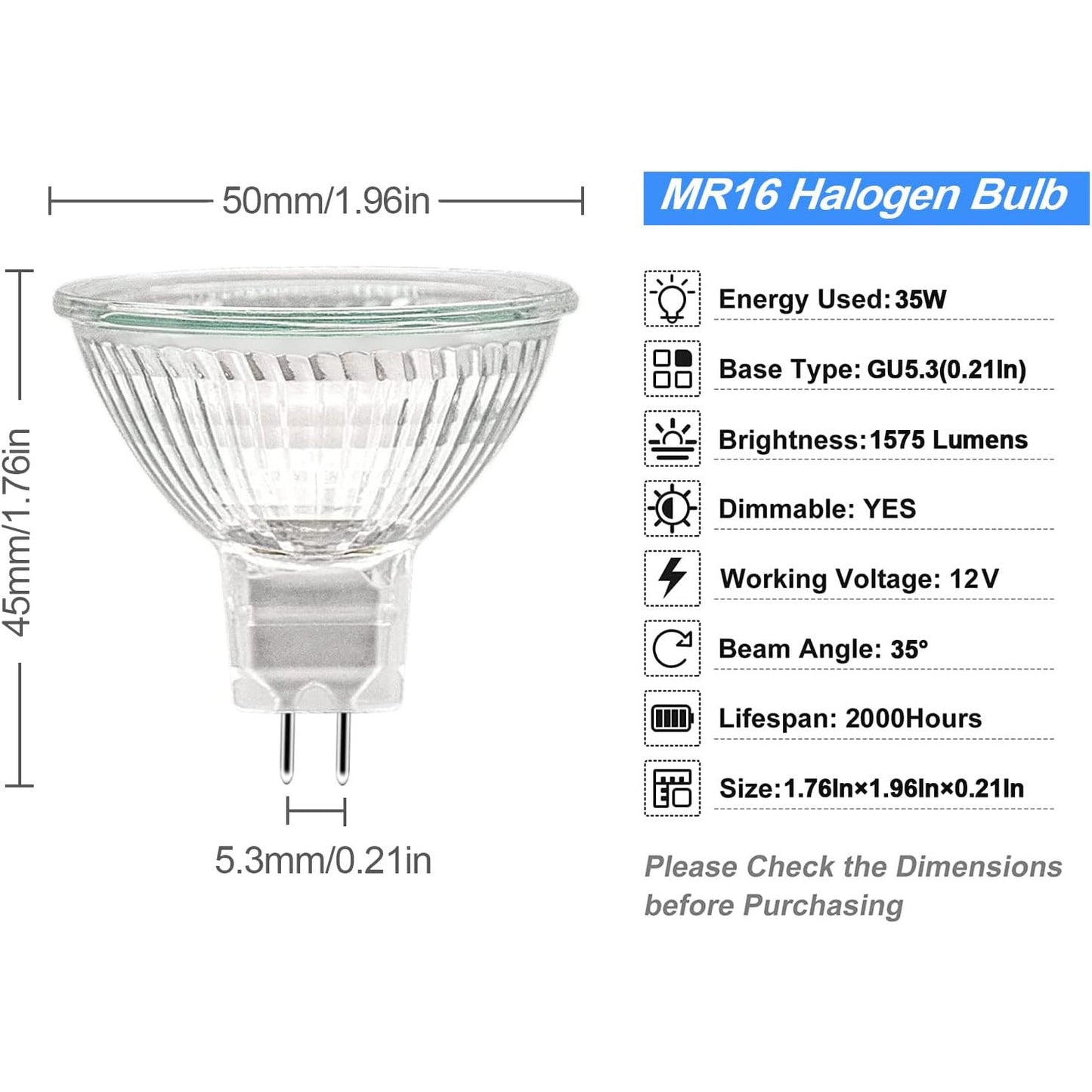 WeshLMPO MR16 35W GU5.3 Dimmable Warm White Halogen Bulb 6-Pack