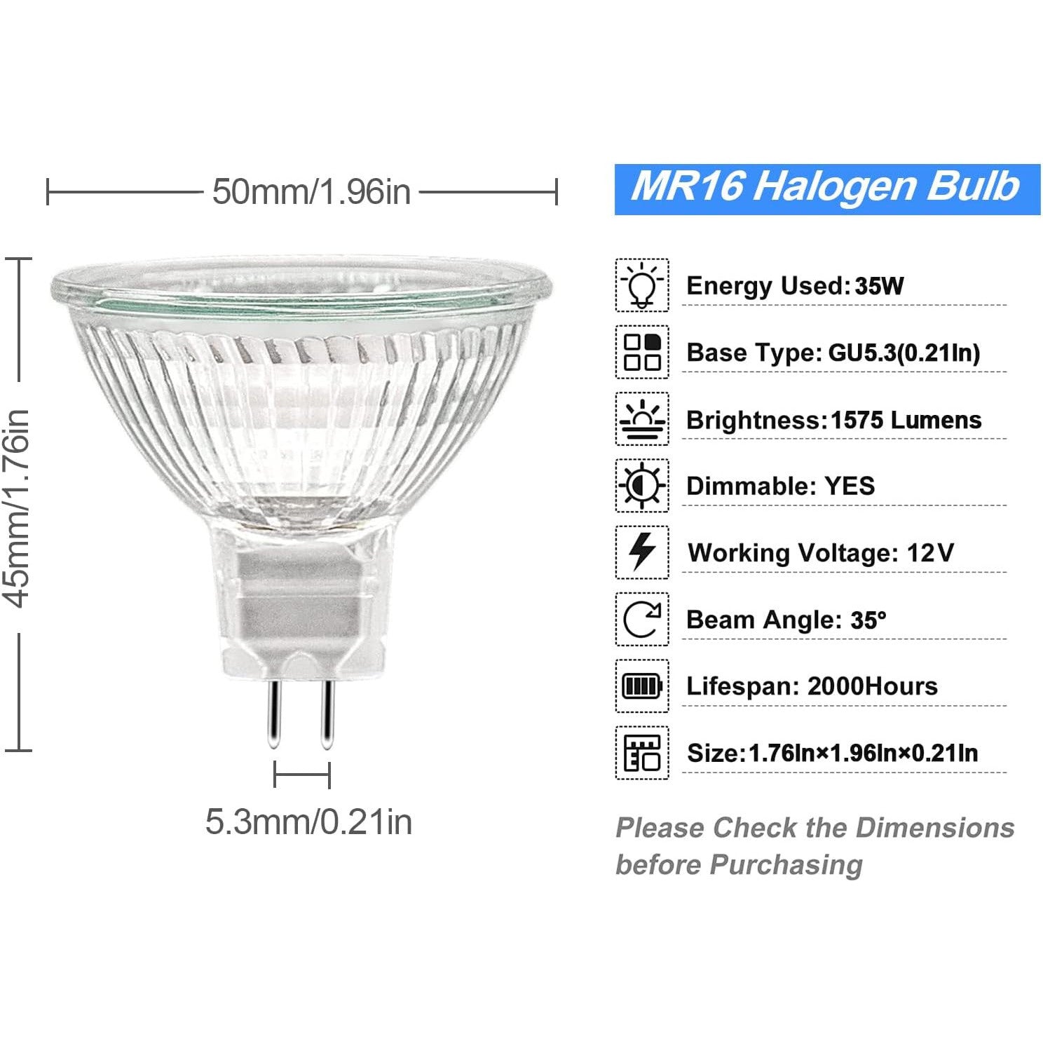 WeshLMPO MR16 35W GU5.3 Dimmable Warm White Halogen Bulb 6-Pack