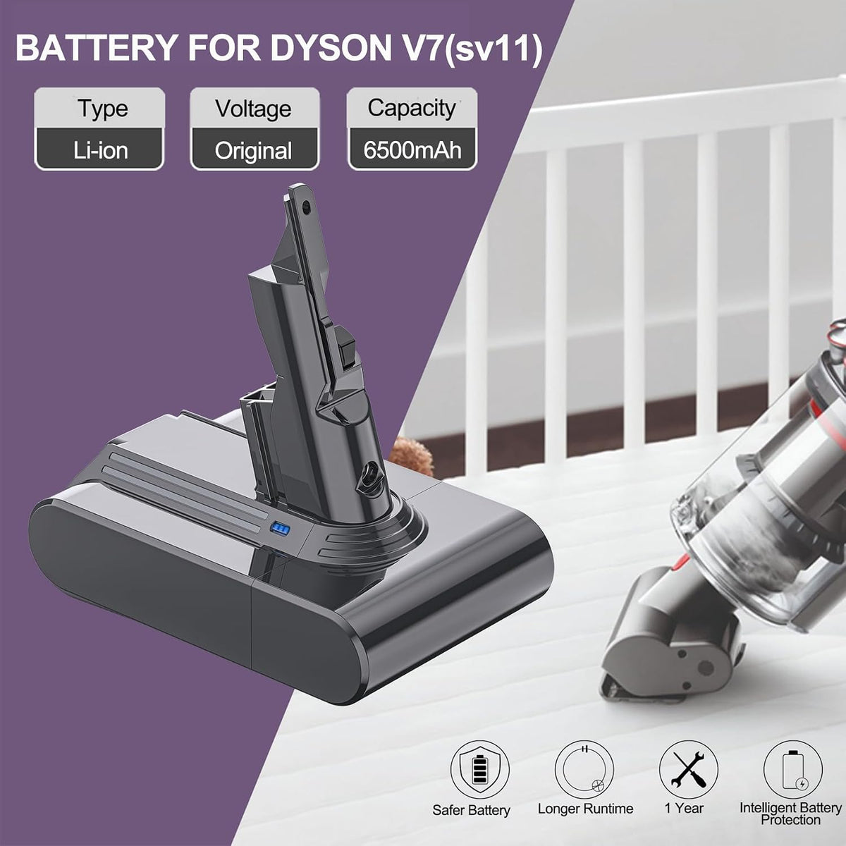 LONG FIT Vacuum Battery for Dyson V7 6500mAh