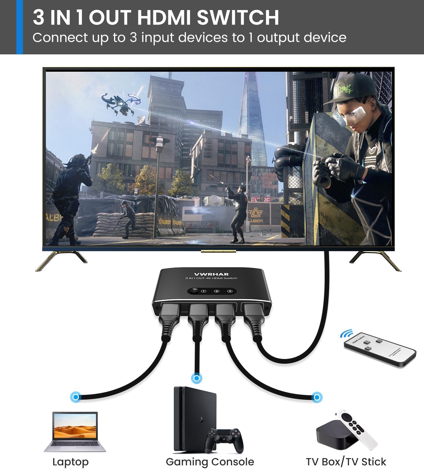 VWRHar 4K2301A 3-Port HDMI Switch 4K UHD with Remote Control Black