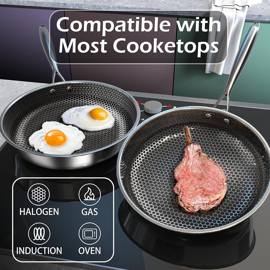 Kiseely Set of 3 Frying Pans, 26 cm + 28 cm + 30 cm, Diamond Non-Stick Frying Pan, Premium Stainless Steel, Suitable for Induction, PTFE Free, PFAS Free, PFOA Free (FG1)