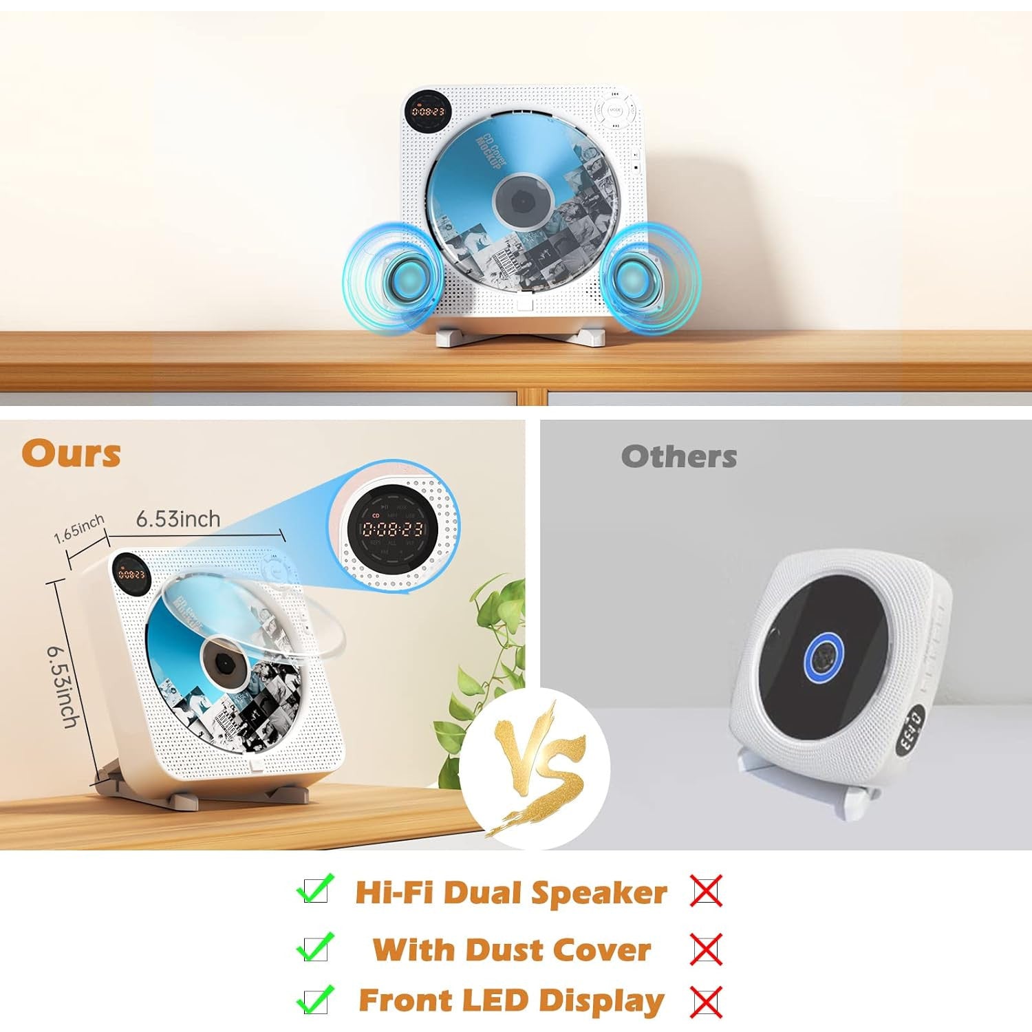 FELEMAN MPD001W Portable Wall-Mounted CD Player with Bluetooth, USB, Aux