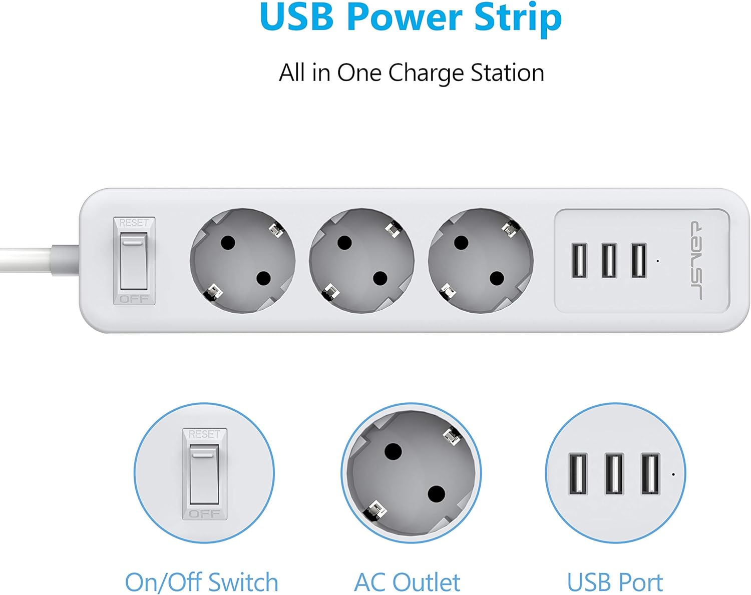 JSVER Strip with 3 Outlets, 3 USB Ports, 2m Cable