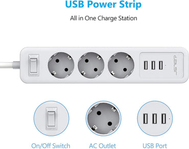JSVER Strip with 3 Outlets, 3 USB Ports, 2m Cable