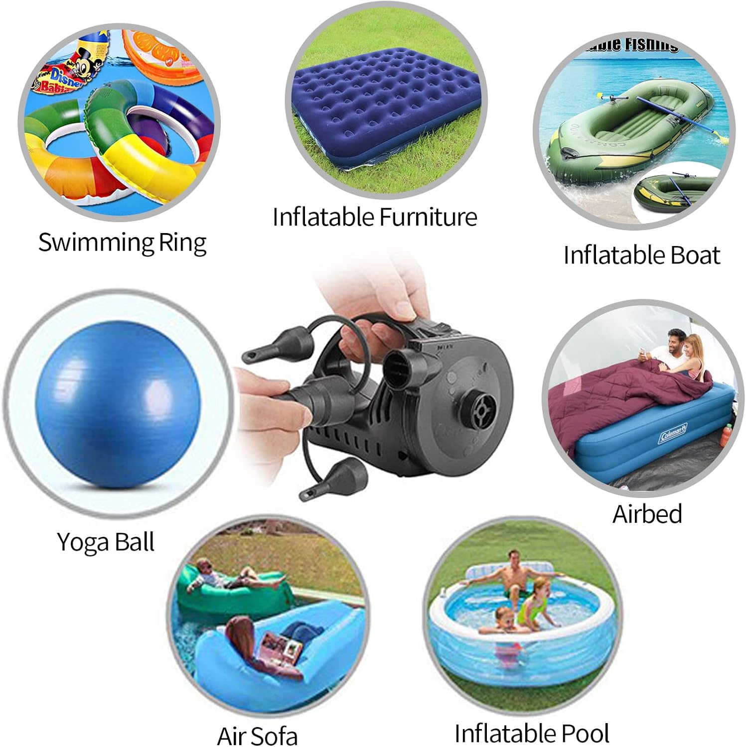 Black Portable AC110V/DC12V Electric Air Pump with 3 Nozzles