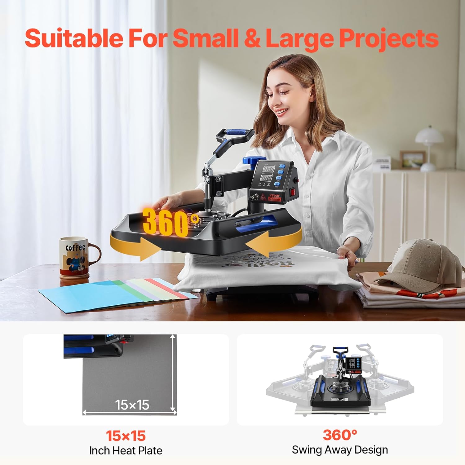 VEVOR 8-in-1 15x15 Swing-Away Heat Press Machine – Blue