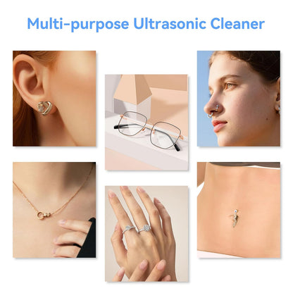 Collage of jewelry and personal care items with 'Multi-purpose Ultrasonic Cleaner' text.