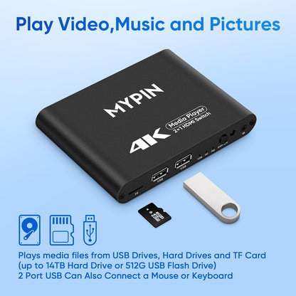 4K Media Player with Dual HDMI Switch and Remote