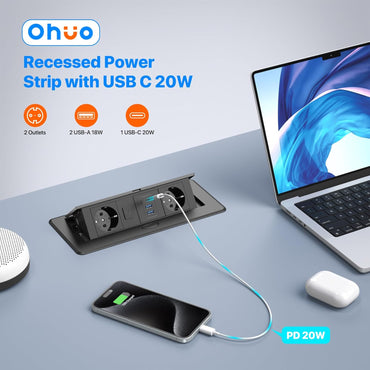 Ohuo Retractable Power Strip with USB‑C PD 20W and Switch