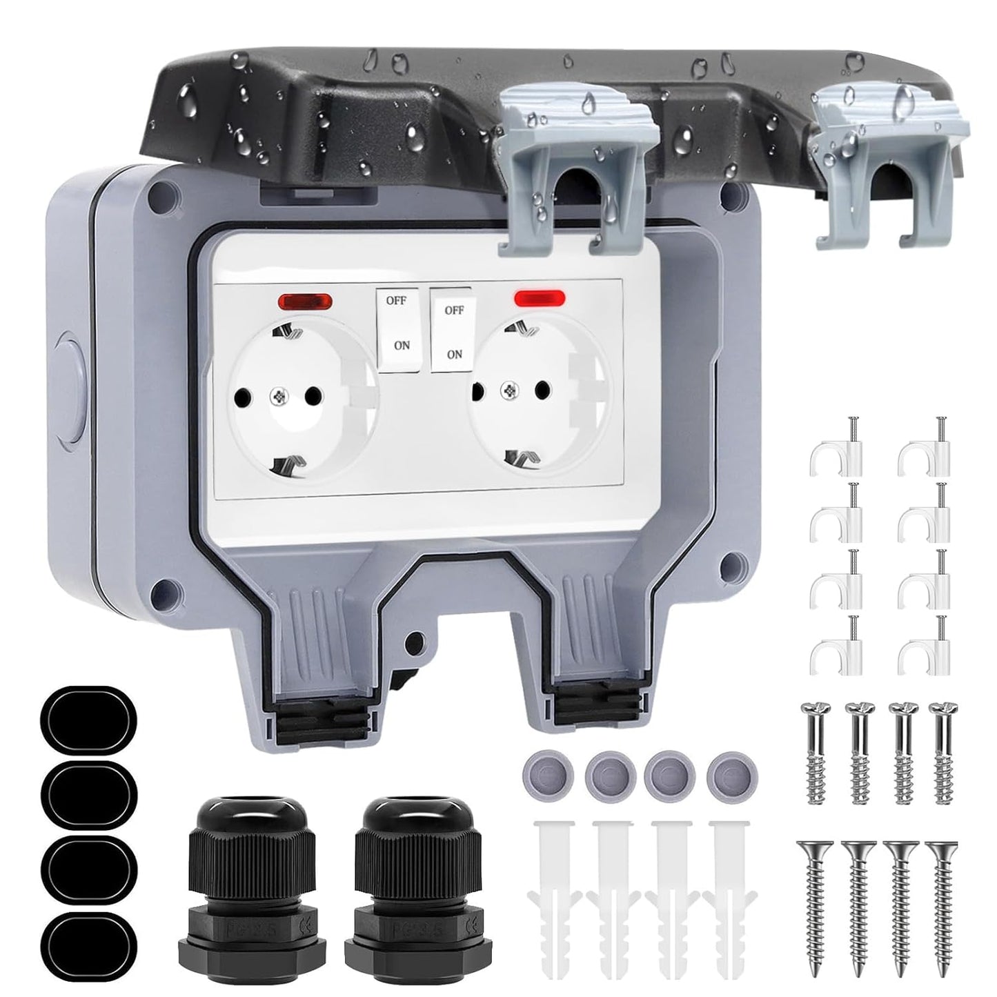 Outdoor Waterproof IP66 Double Power Outlet with Switch and Indicator Light
