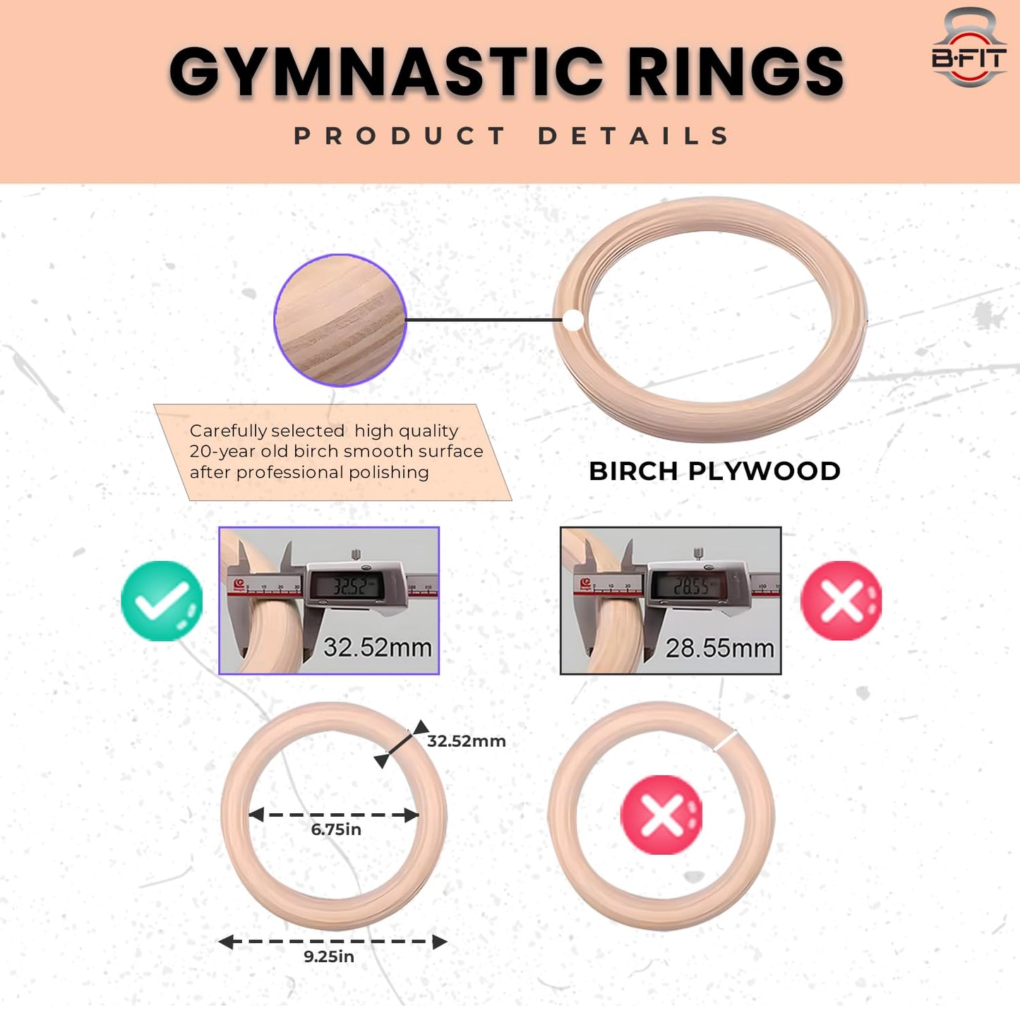 B Fit Wooden Gymnastic Rings with Heavy-Duty Adjustable Straps