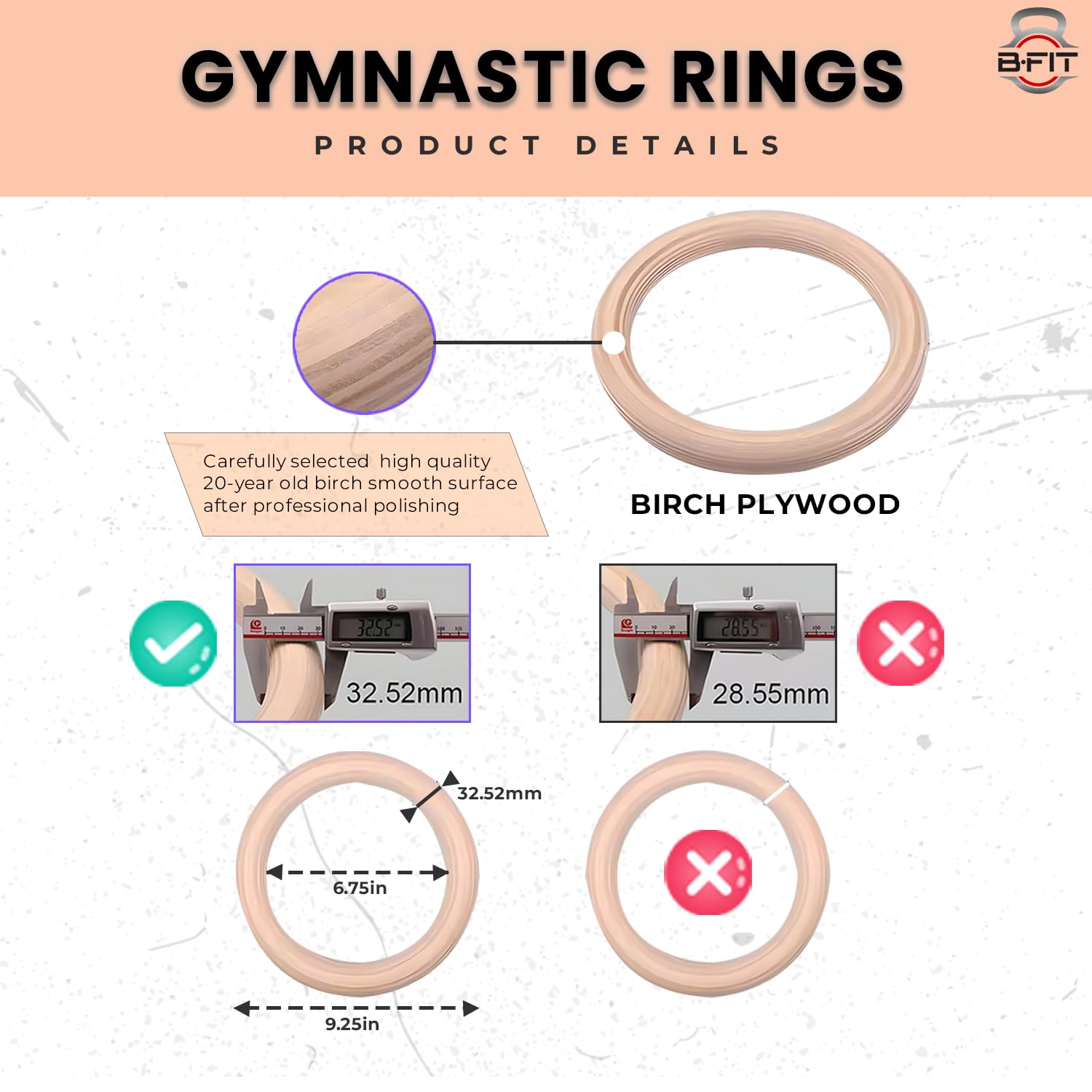 B Fit Wooden Gymnastic Rings with Heavy-Duty Adjustable Straps