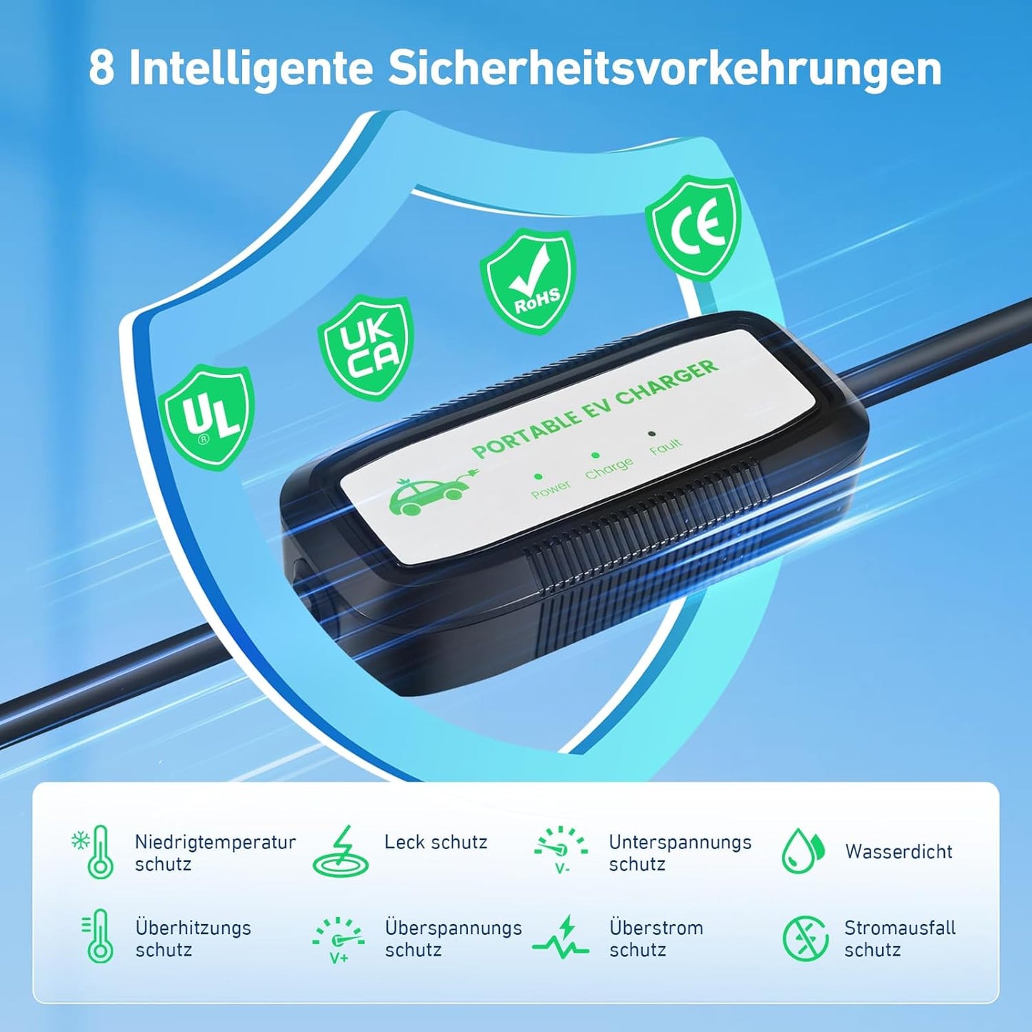 Evjuicion 8m Type 2 Schuko EV Charger with LED Indicator