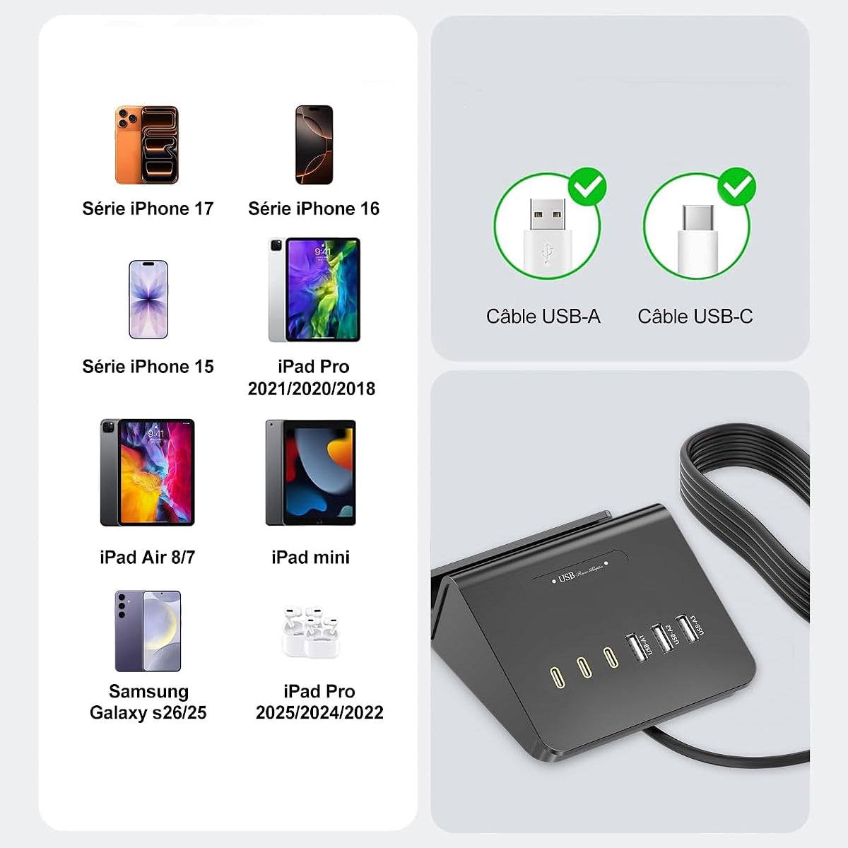 WUKUR 6-Port USB Charging Station 25W PD Fast Charge Multi-Device Adapter Black
