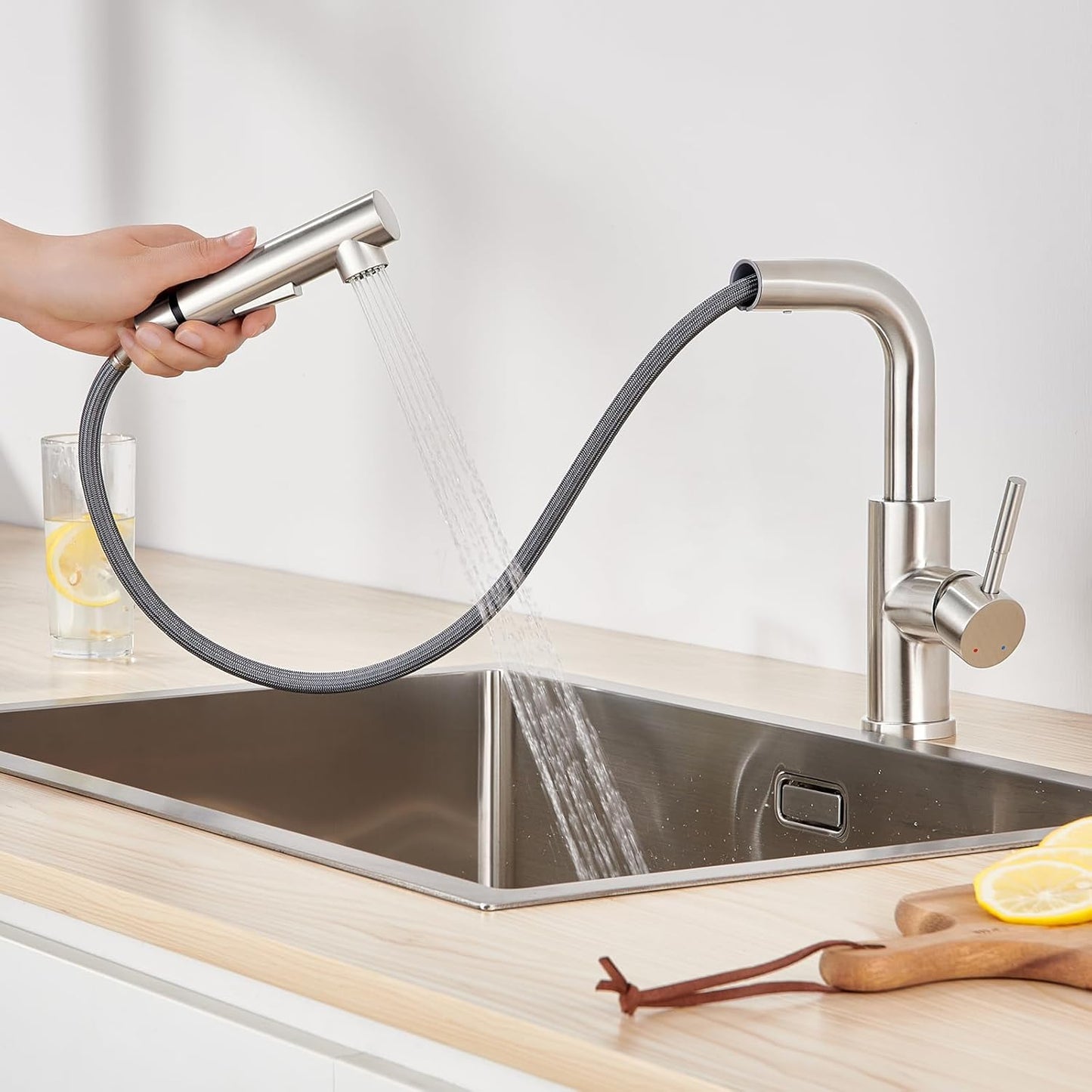 Lonheo Low-Pressure Kitchen Faucet with Pull-Out Sprayer, Brushed Stainless Steel