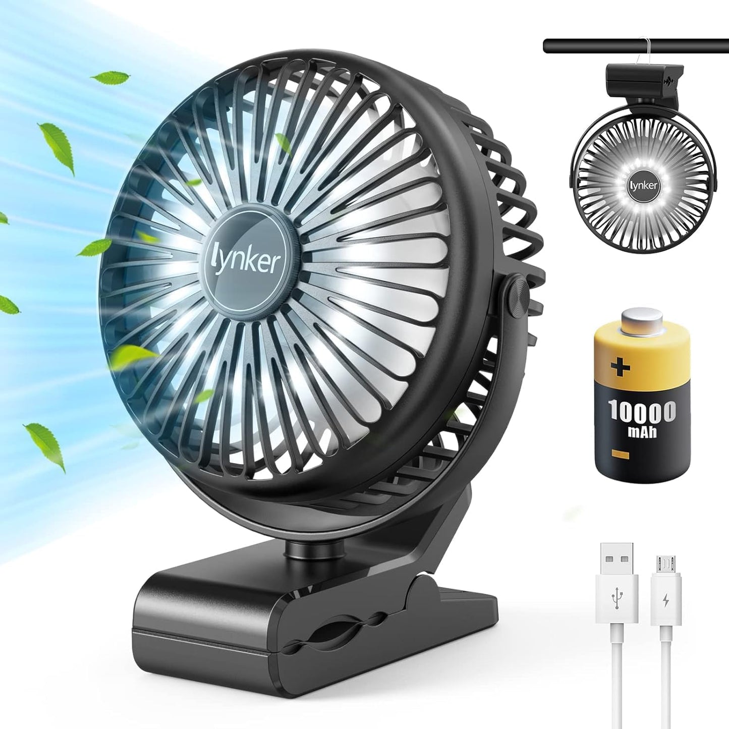 Lynker 10000mAh Mini Clip Fan with LED Light, 360° Rotation