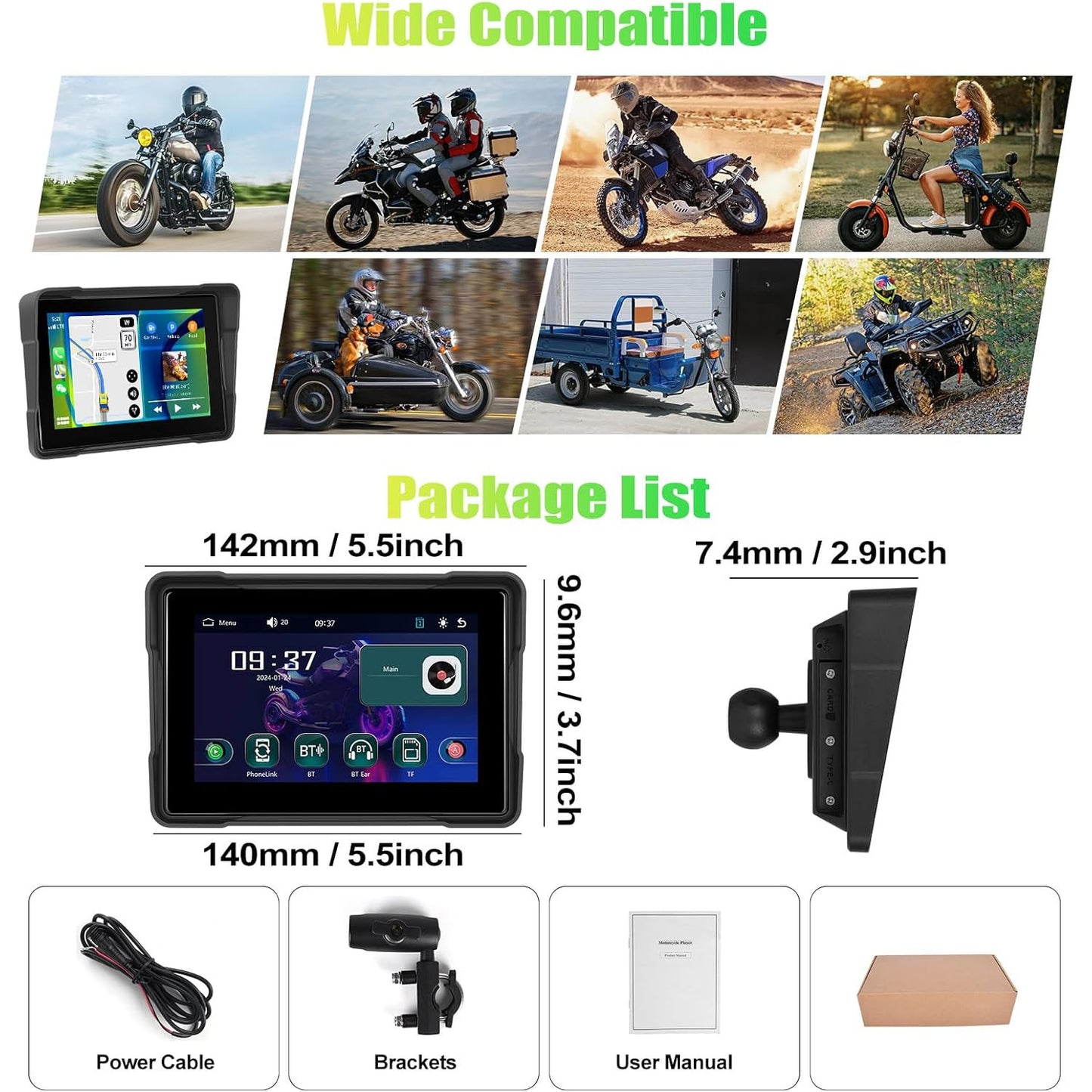 CAMECHO 5-inch Waterproof Wireless Motorcycle CarPlay Android Auto Touchscreen