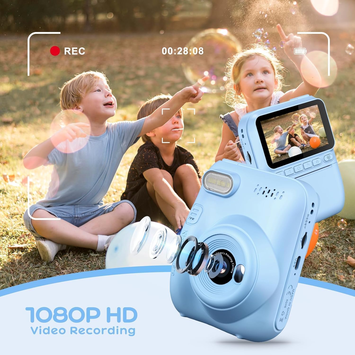 GREENKINDER H2 Kids Instant Print Camera 3.0" Screen 1080P 32GB Card for Ages 3-12