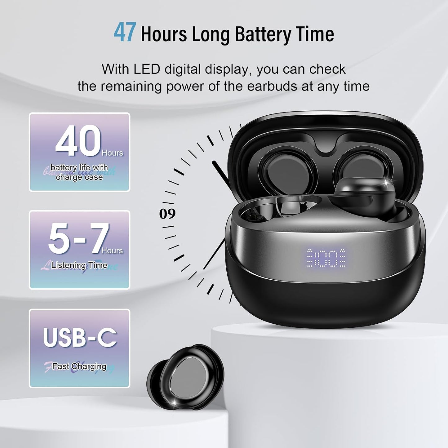 DUSONLAP SU8 Bluetooth 5.4 Wireless Earbuds 47H Playtime Noise Cancelling LED Display Touch Control IPX7 Waterproof USB-C Black