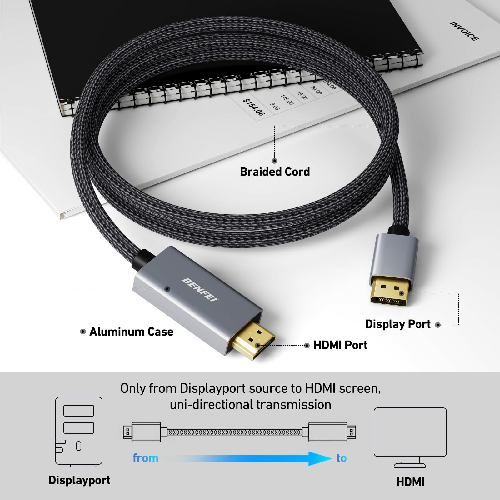 BENFEI 4K DisplayPort to HDMI Cable Aluminum Shell Nylon Braided Uni-Direction DP 1.2 to HDMI 1.4 for Computer Monitor Laptop