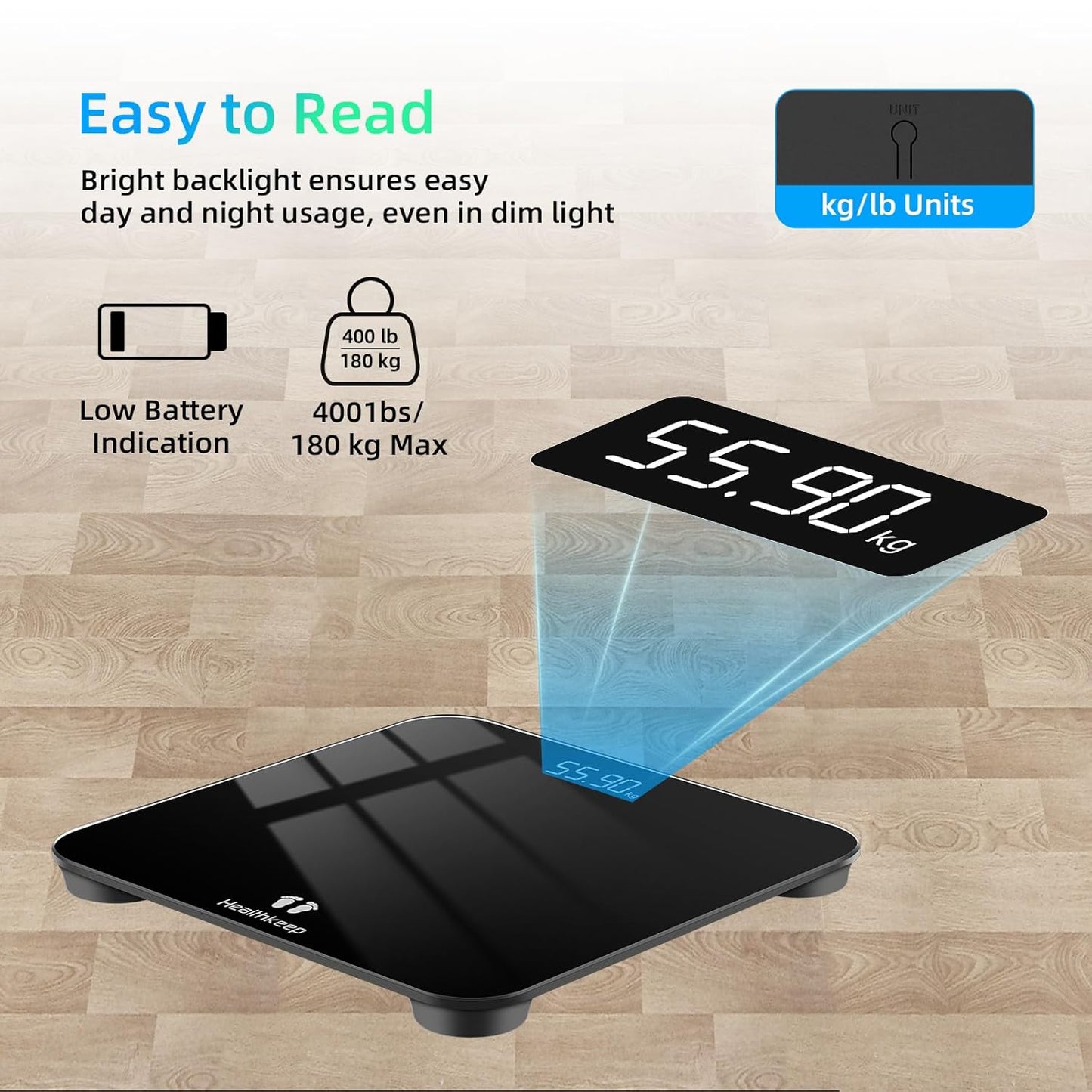 Healthkeep High-Precision Digital Bathroom Scale 400lb LED Display