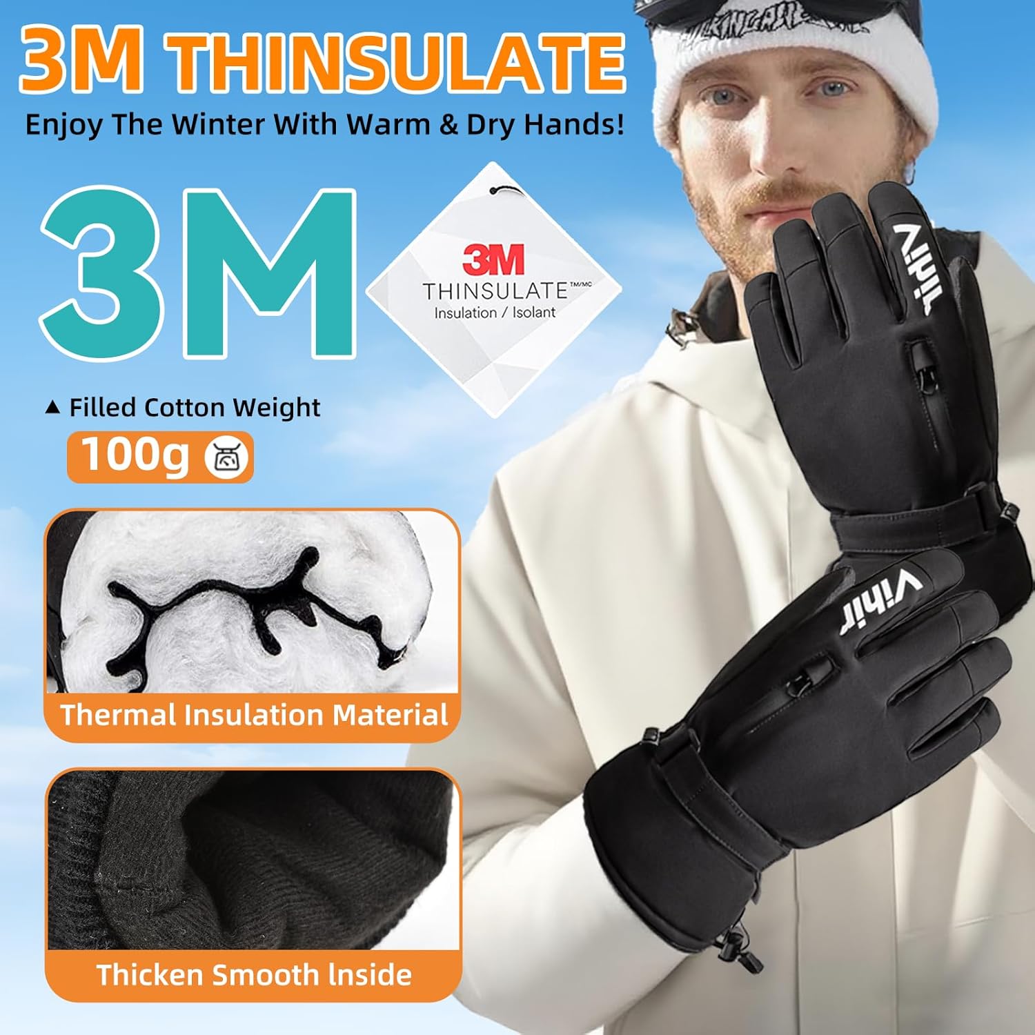 Men's 3M Thinsulate Waterproof Winter Ski Gloves with Touchscreen