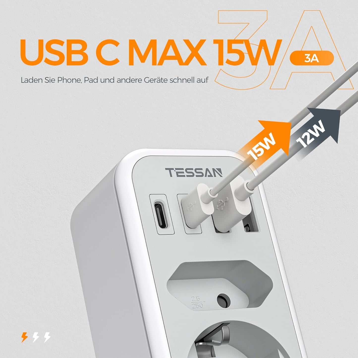 TESSAN 6-in-1 Double Plug Power Adapter with USB-C Grey