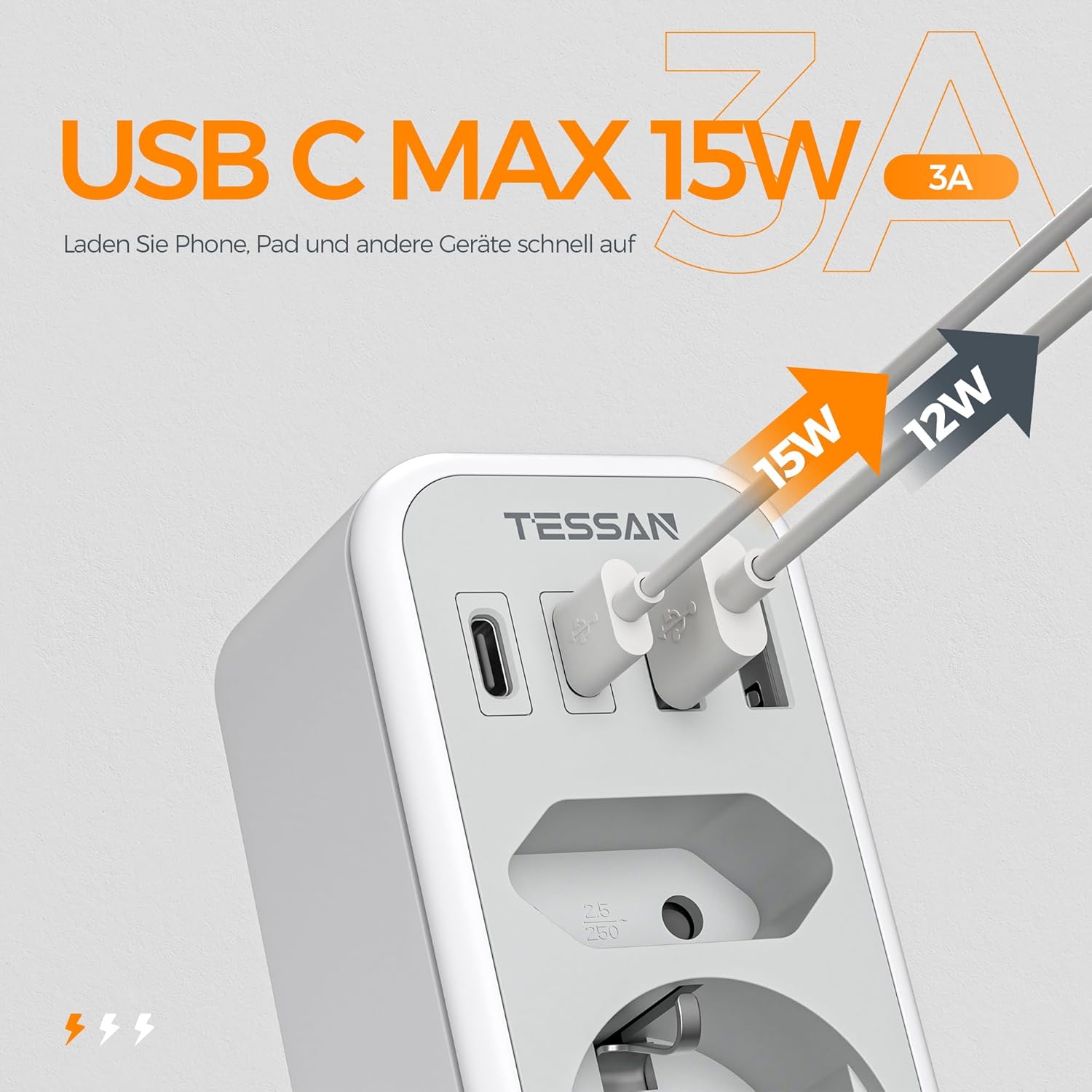TESSAN 6-in-1 Double Plug Power Adapter with USB-C Grey