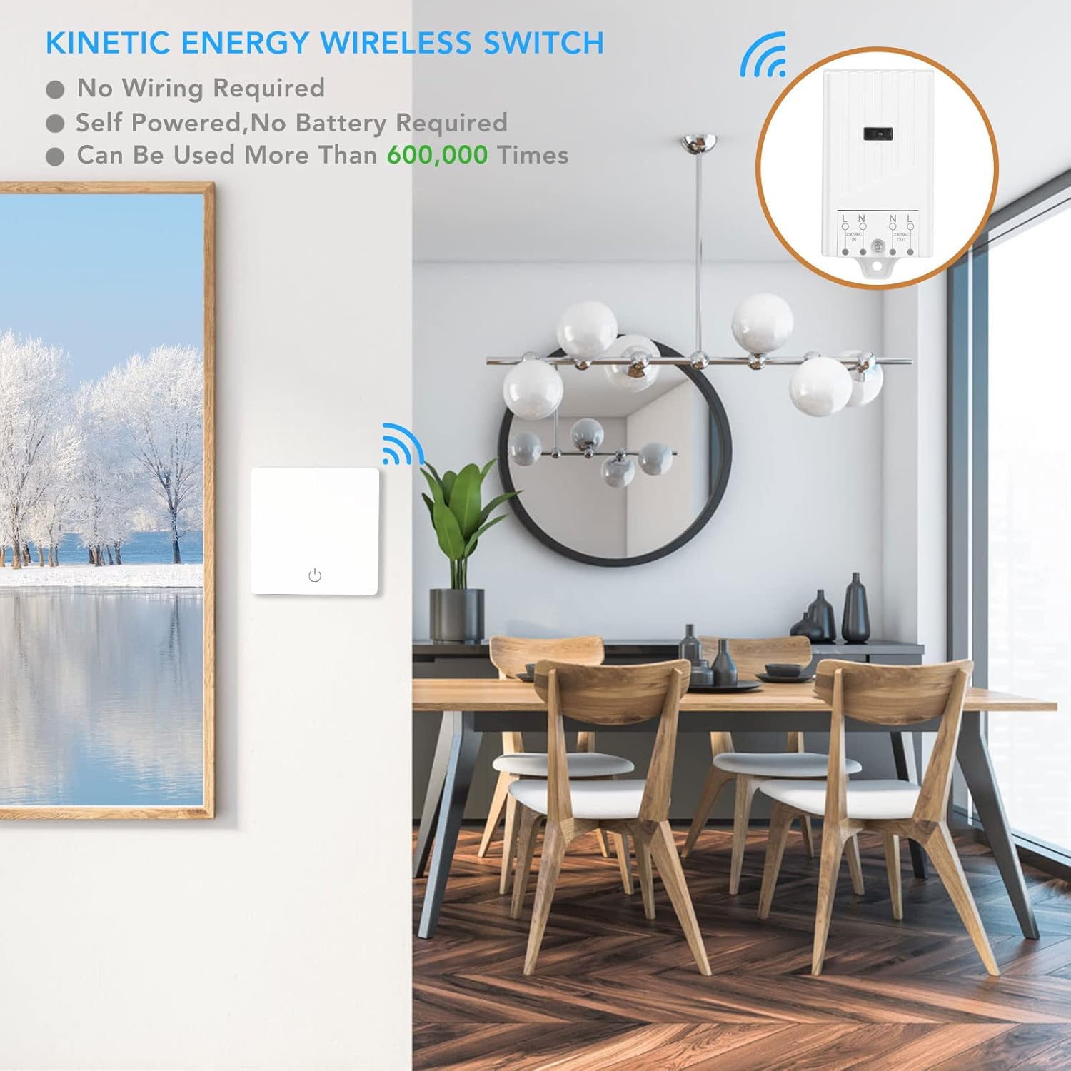 Battery-Free Kinetic Wireless Light Switch Set with 150m Range