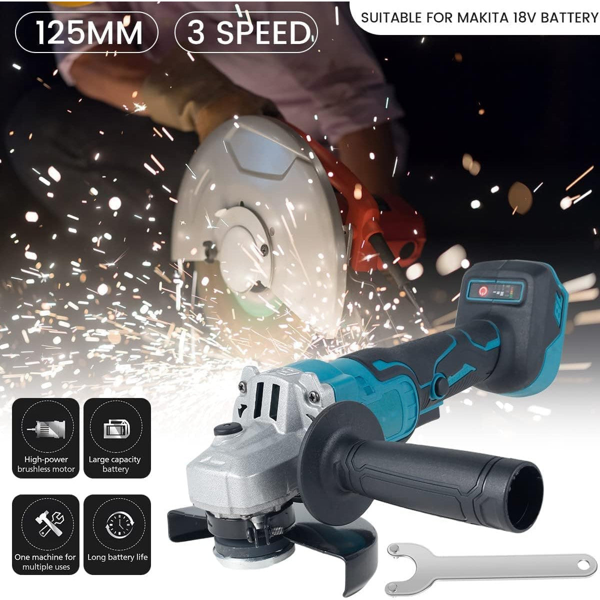 18V Cordless Brushless 125mm Angle Grinder with 3-Speed Variable Kit
