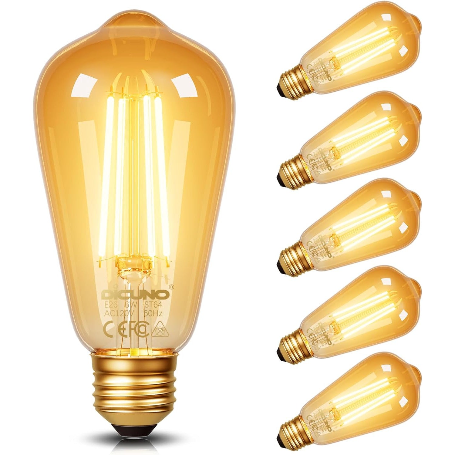 DiCUNO Vintage Amber LED Edison Bulb E26 6W 60W Equivalent