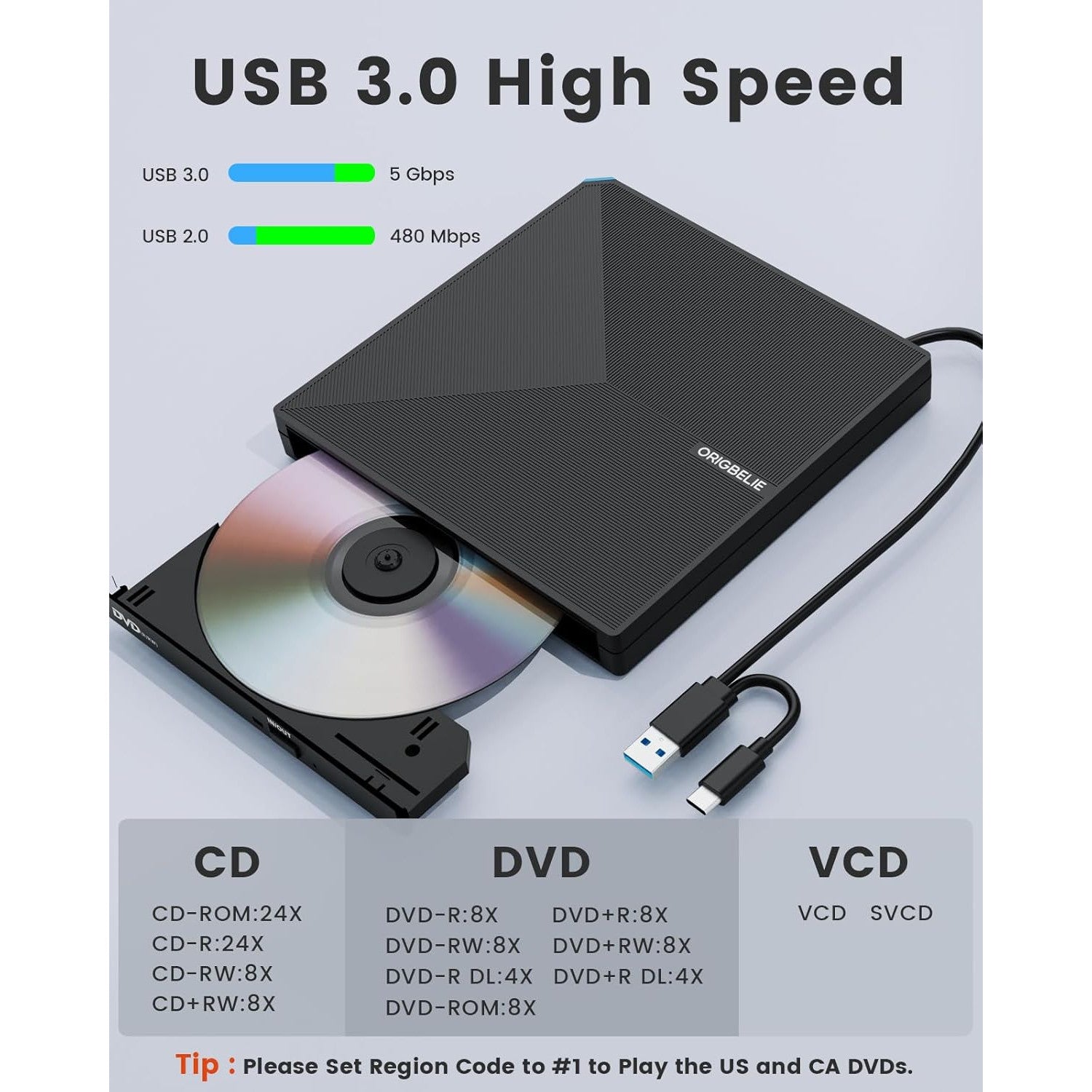 ORIGBELIE Portable USB 3.0 External CD/DVD Burner with RGB