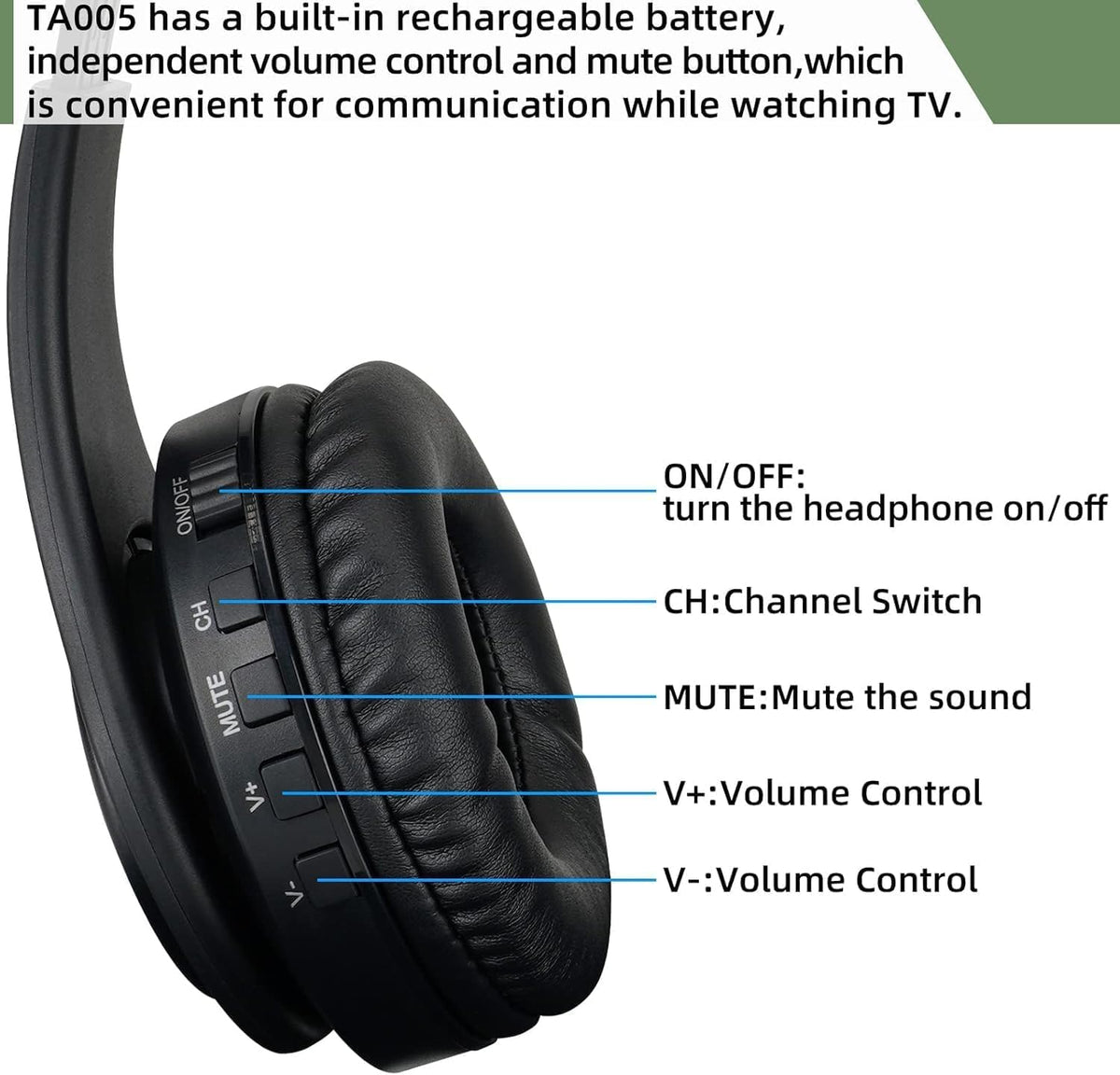 Retekess TA005 Wireless Over-Ear TV Headphones with Transmitter Black