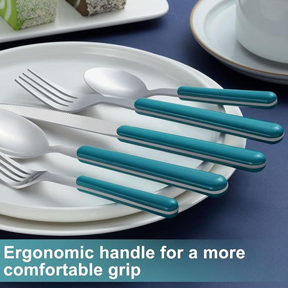 BEWOS 60 Piece Cutlery Set for 12 People, Blue Handles, Machine-Dishwasher Safe