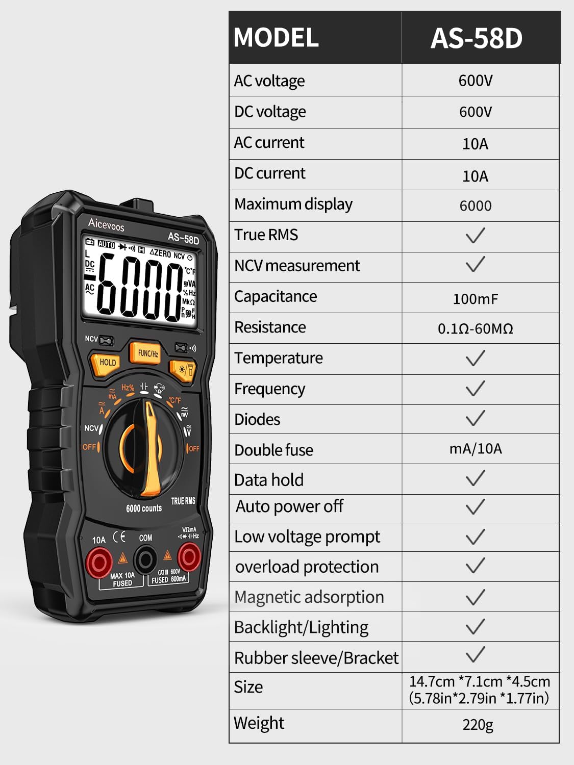 Aicevoos AS-58-1 6000 Counts Auto-Ranging Digital Multimeter Black