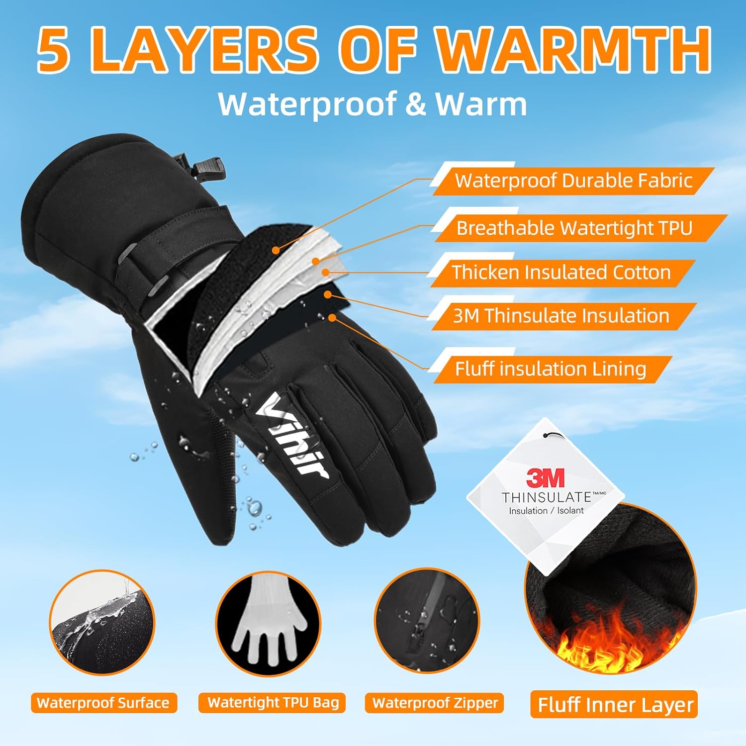 Men's 3M Thinsulate Waterproof Winter Ski Gloves with Touchscreen