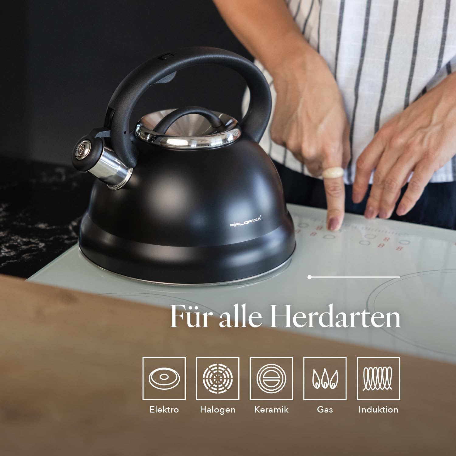 Florina Jacob 2.5L Stainless Steel Whistling Kettle – Black, Induction Ready