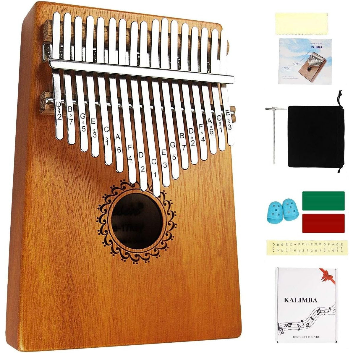 17 Key Thumb Piano Mahogany Wood, Portable Mbira Finger Piano