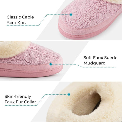 HomeTop Women's Cozy Cable Knit Memory Foam Slippers with Fuzzy Plush Collar